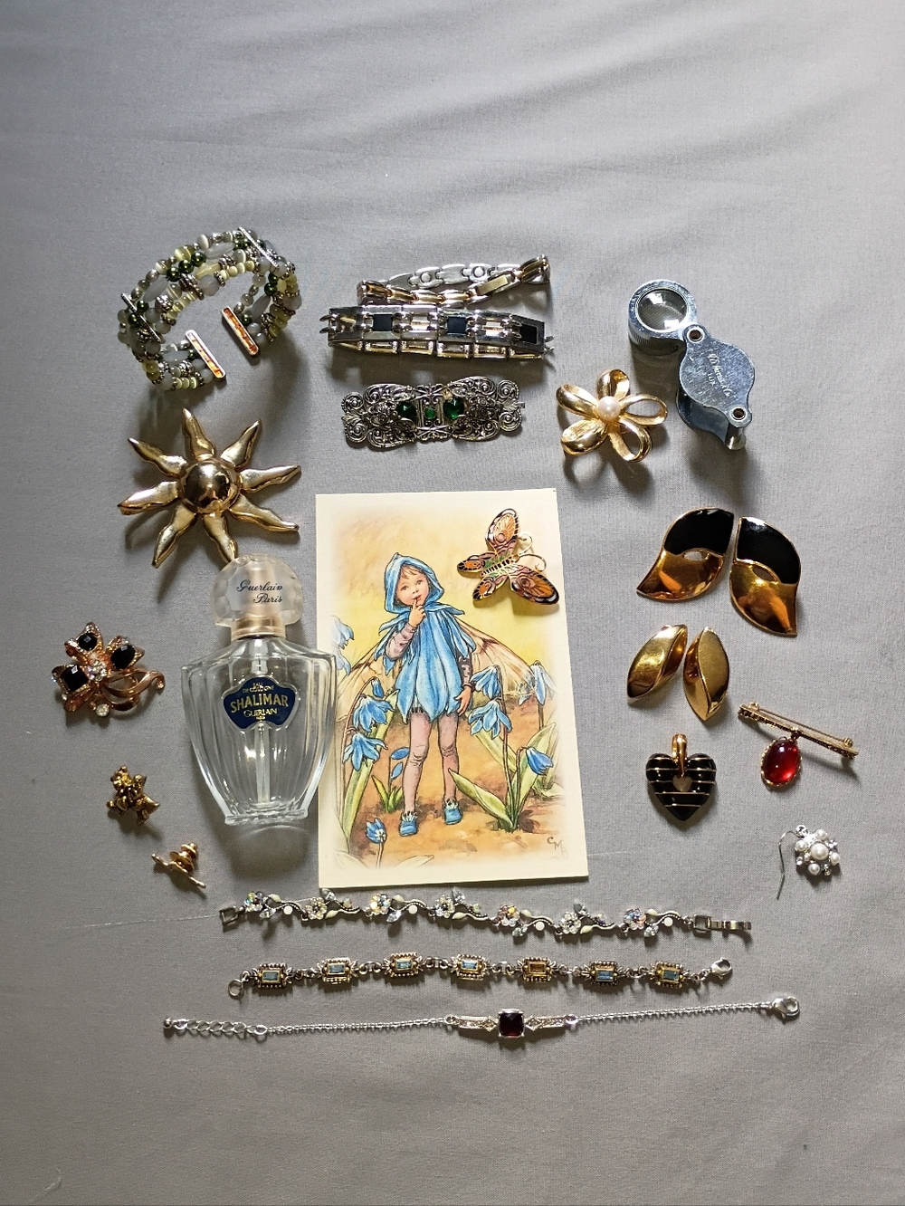 Vtg Jewelry Junk Drawer Lot Magnifing Glass Shalimar Bottle Brooches Bracelets